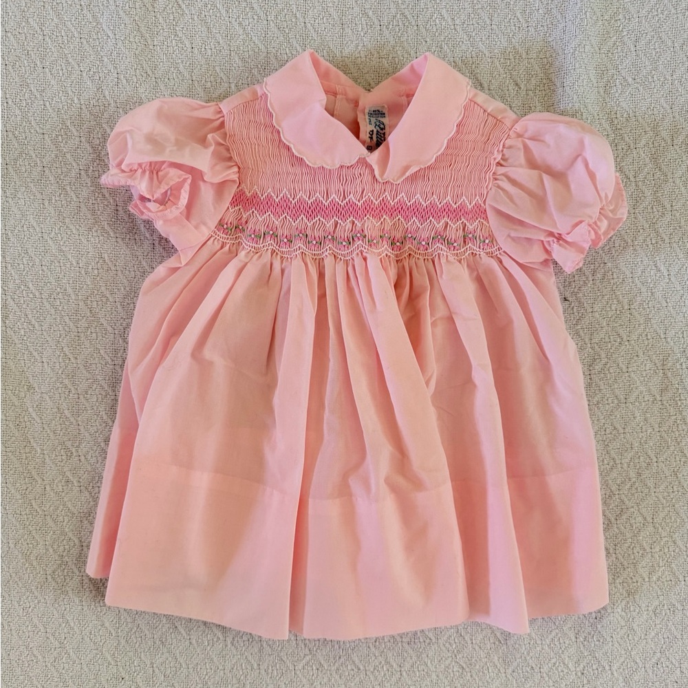 A Little Angel Vintage Smocked Pink Dress with Peter Pan Collar and Puff Sleeves